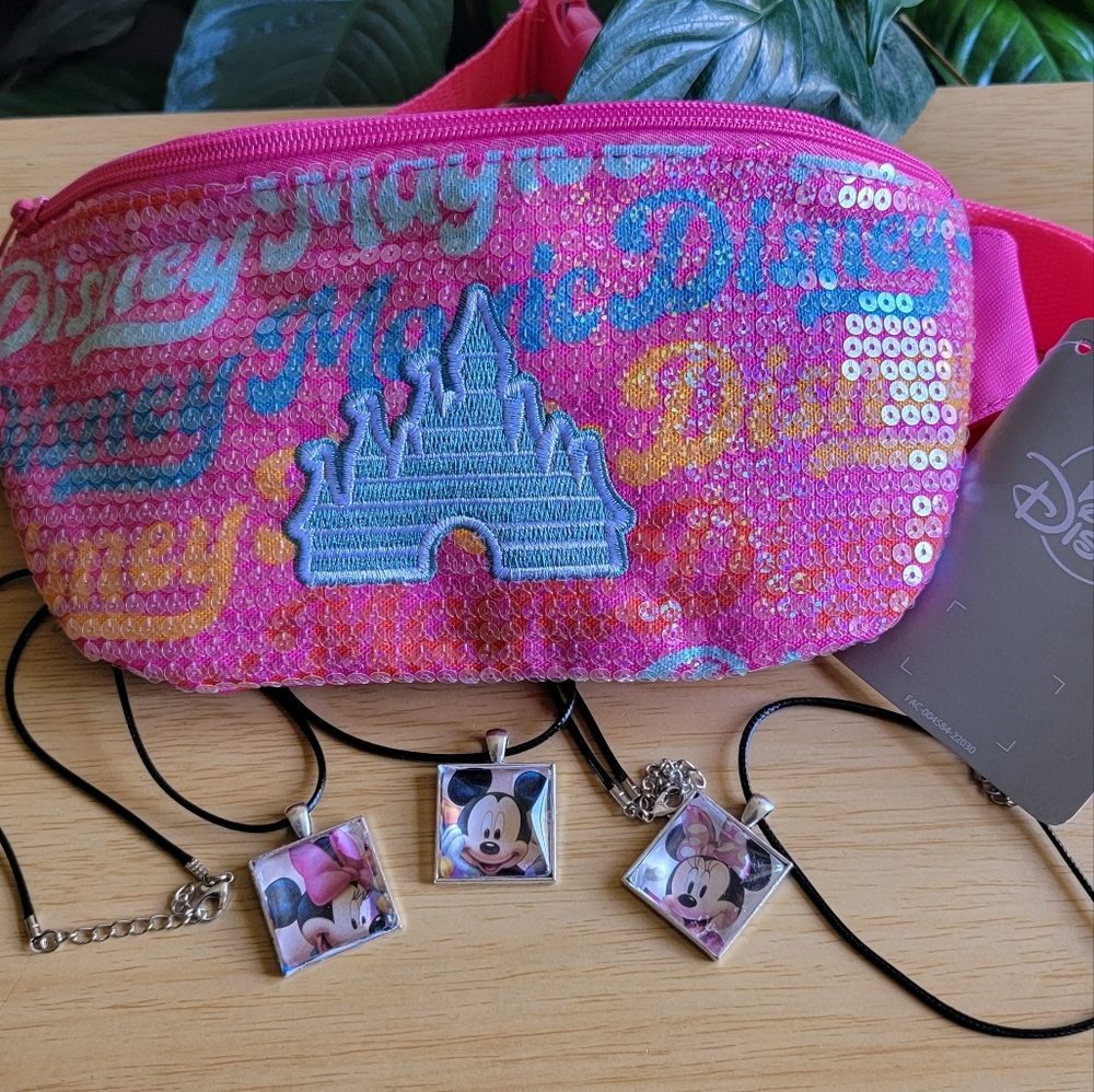 DISNEY Pink and Blue Sequin Kids Fanny Pack Bag & 3 Handcrafted  Necklaces.